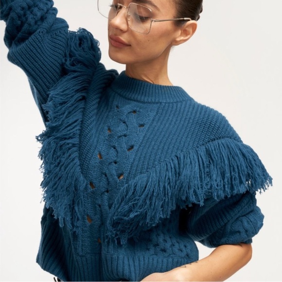 NWT$475 Equipment Amira Fringe Sweater In Deep lagoon, Wool/Cashmere S, Small - Picture 1 of 10